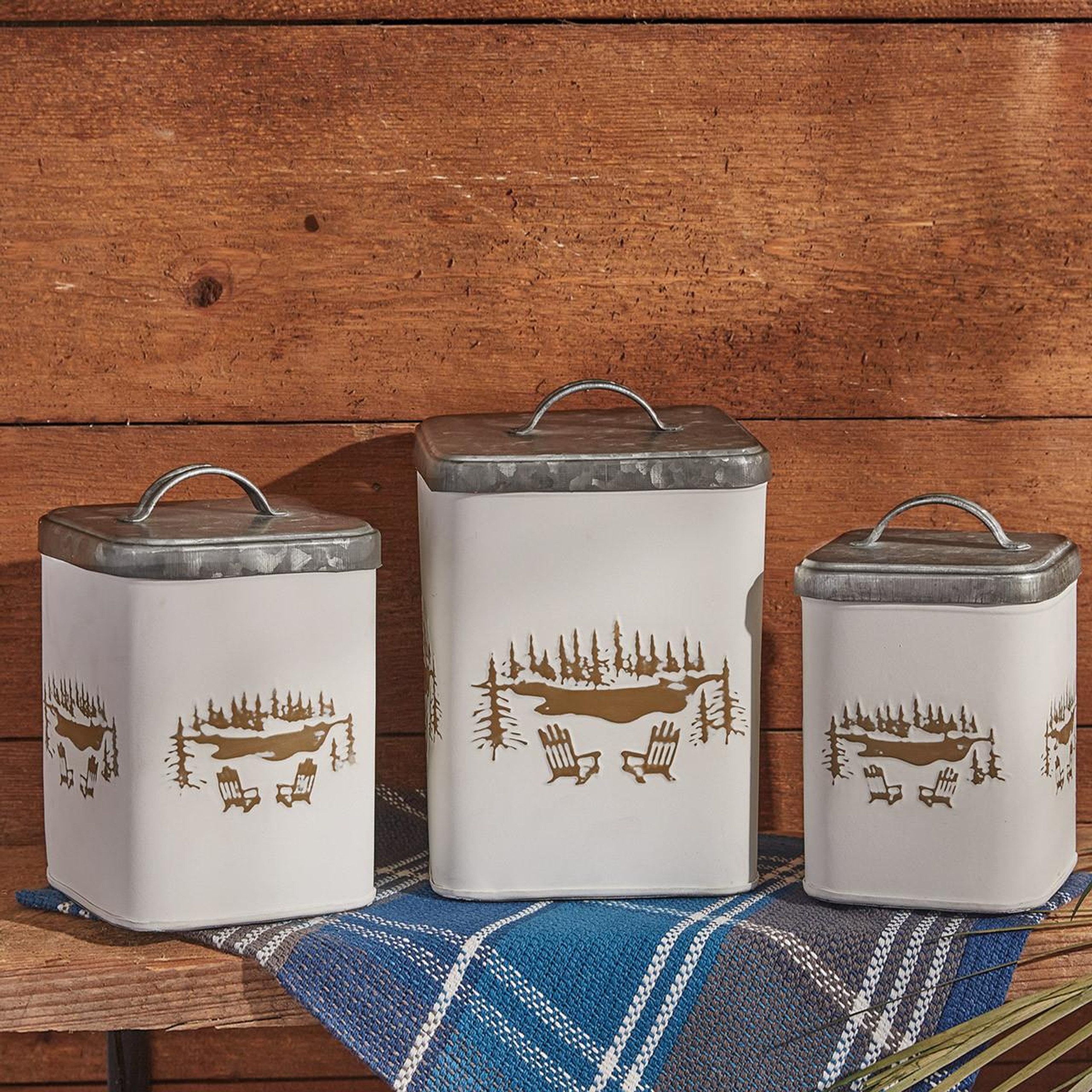 Adirondack canisters on a shelf