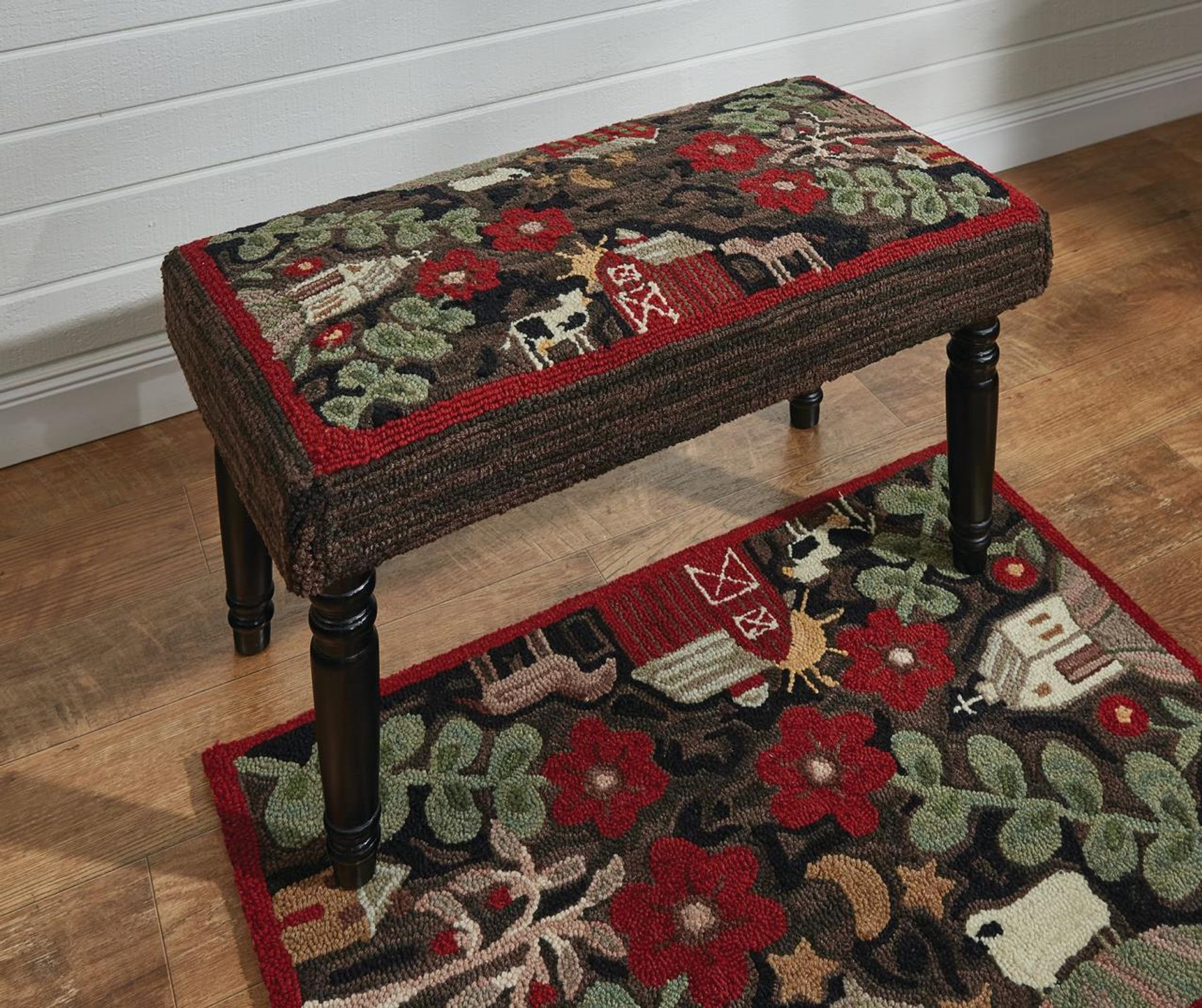 Farm life bench with 2 legs over a matching rug