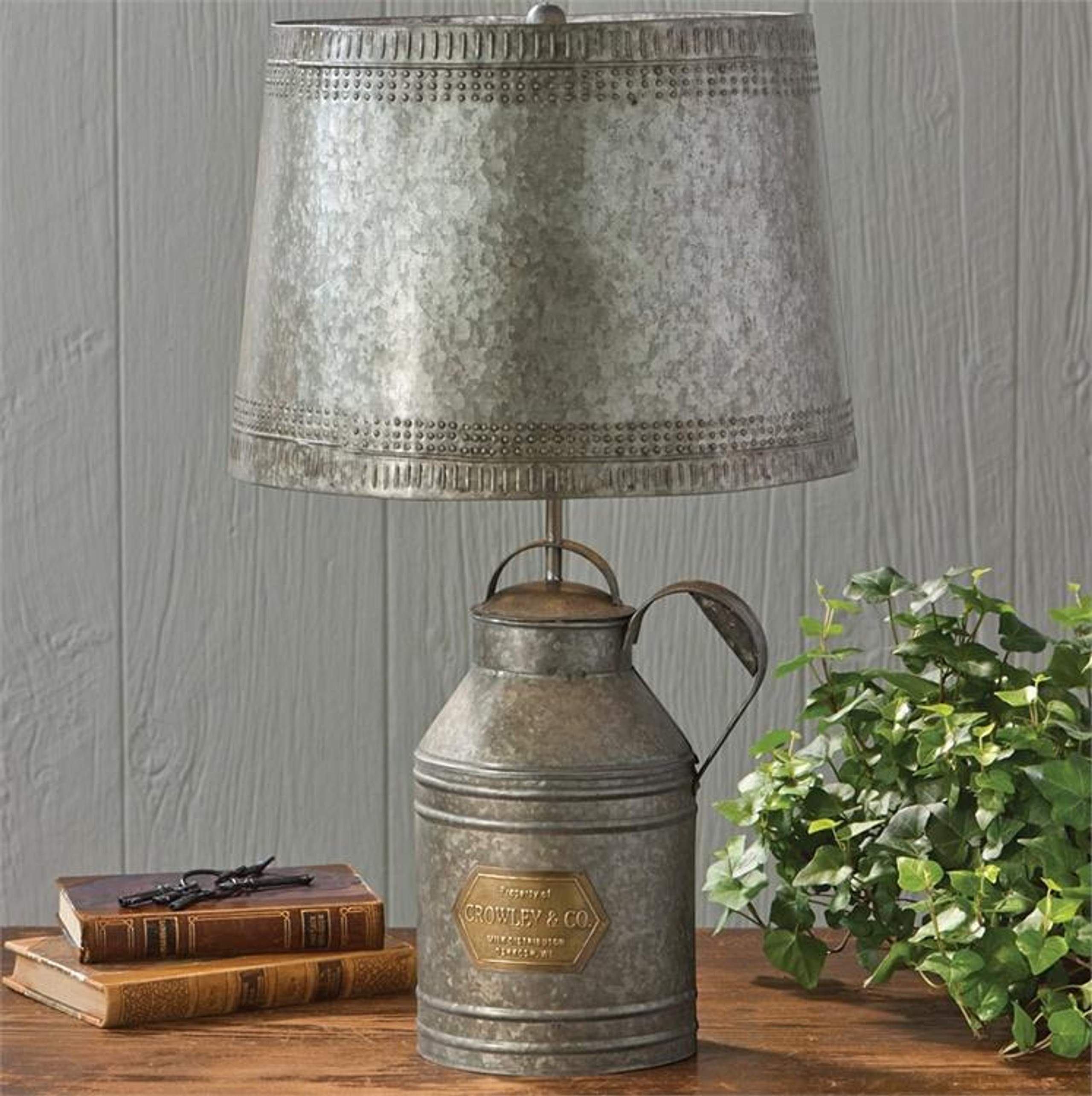 Farmhouse milk can lamp on a table