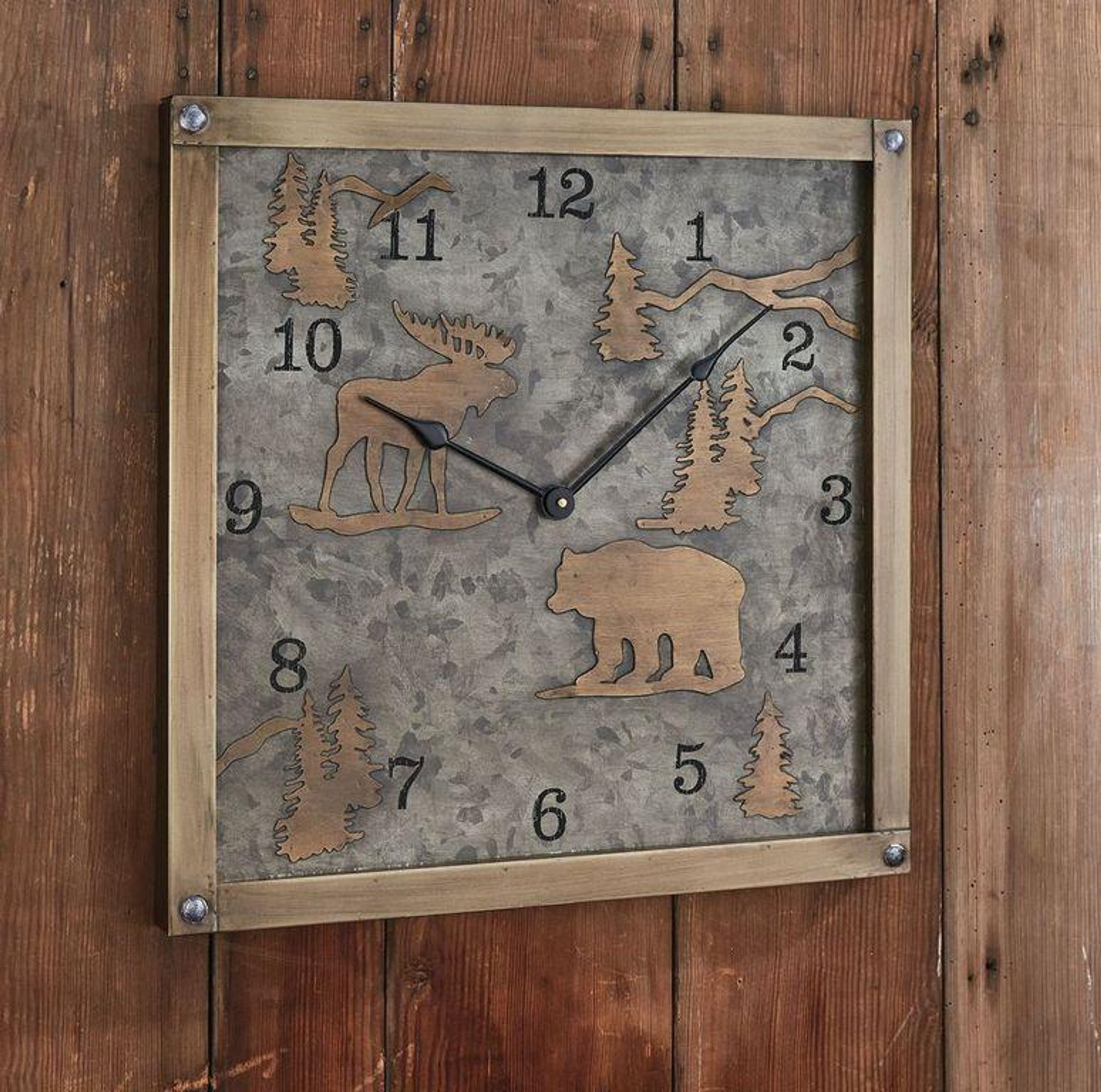 Outdoorsy rustic clock on a wall