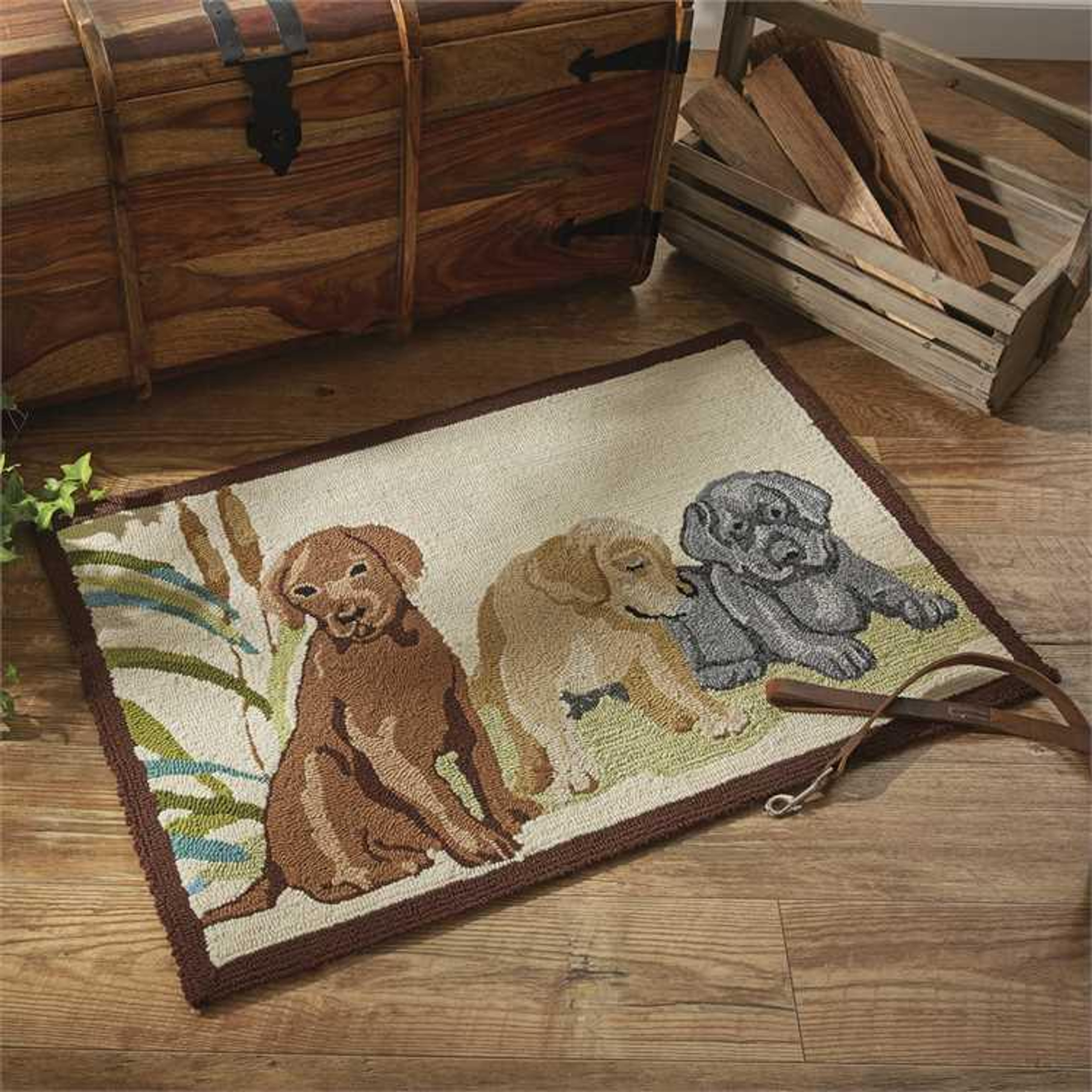 Lab puppies rug next to a storage bin and basket