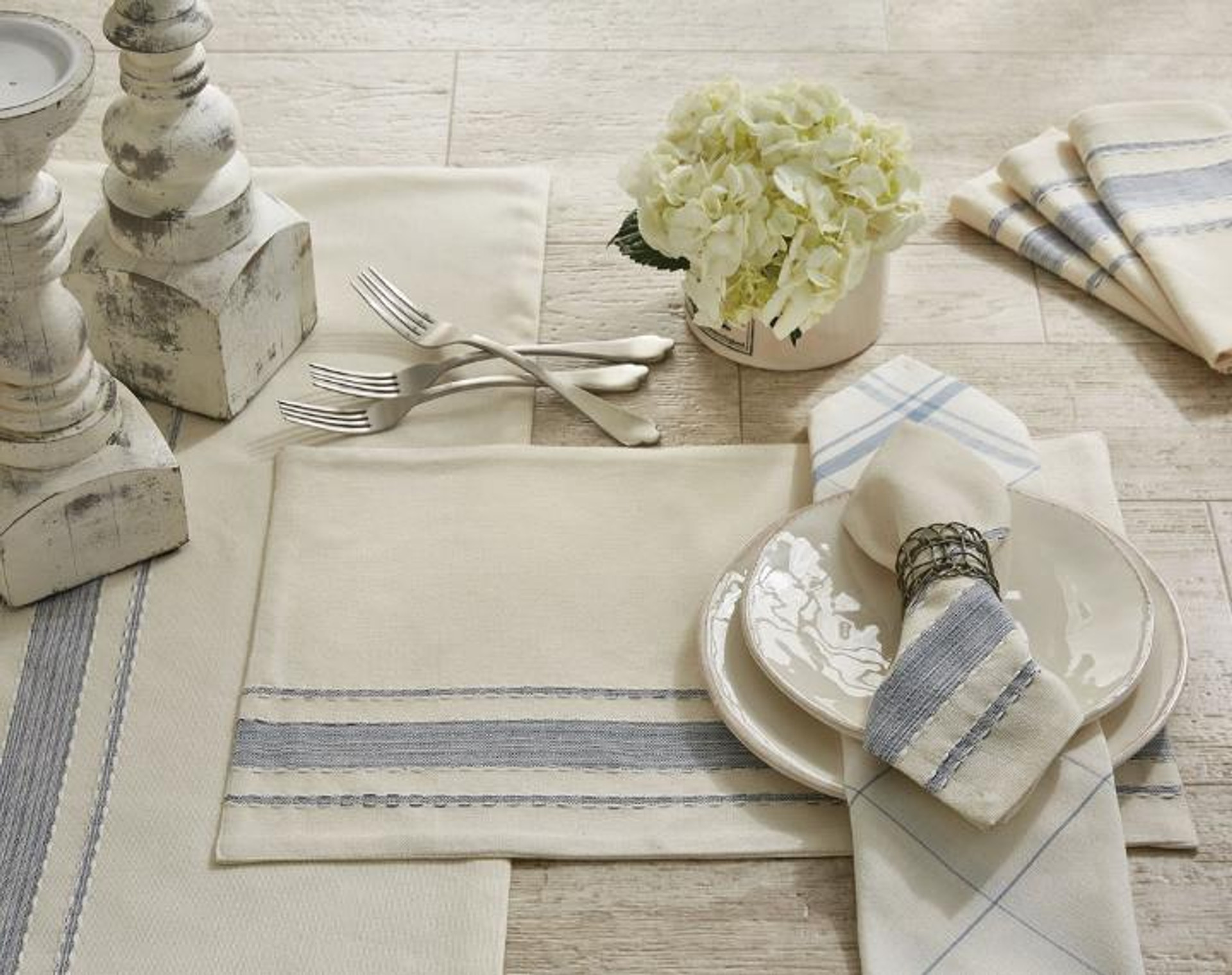 Simple cream and blue table setting